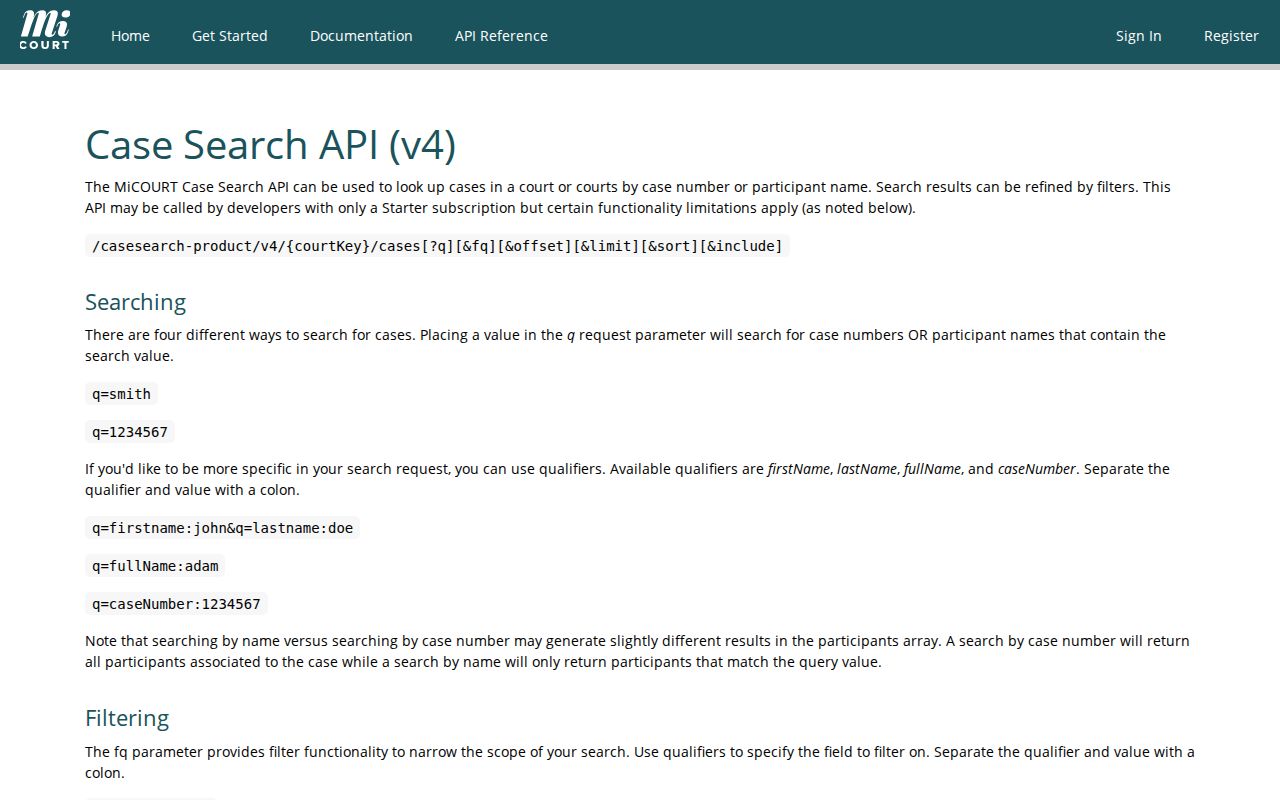 Ingham County case search filters in the official MiCOURT reference