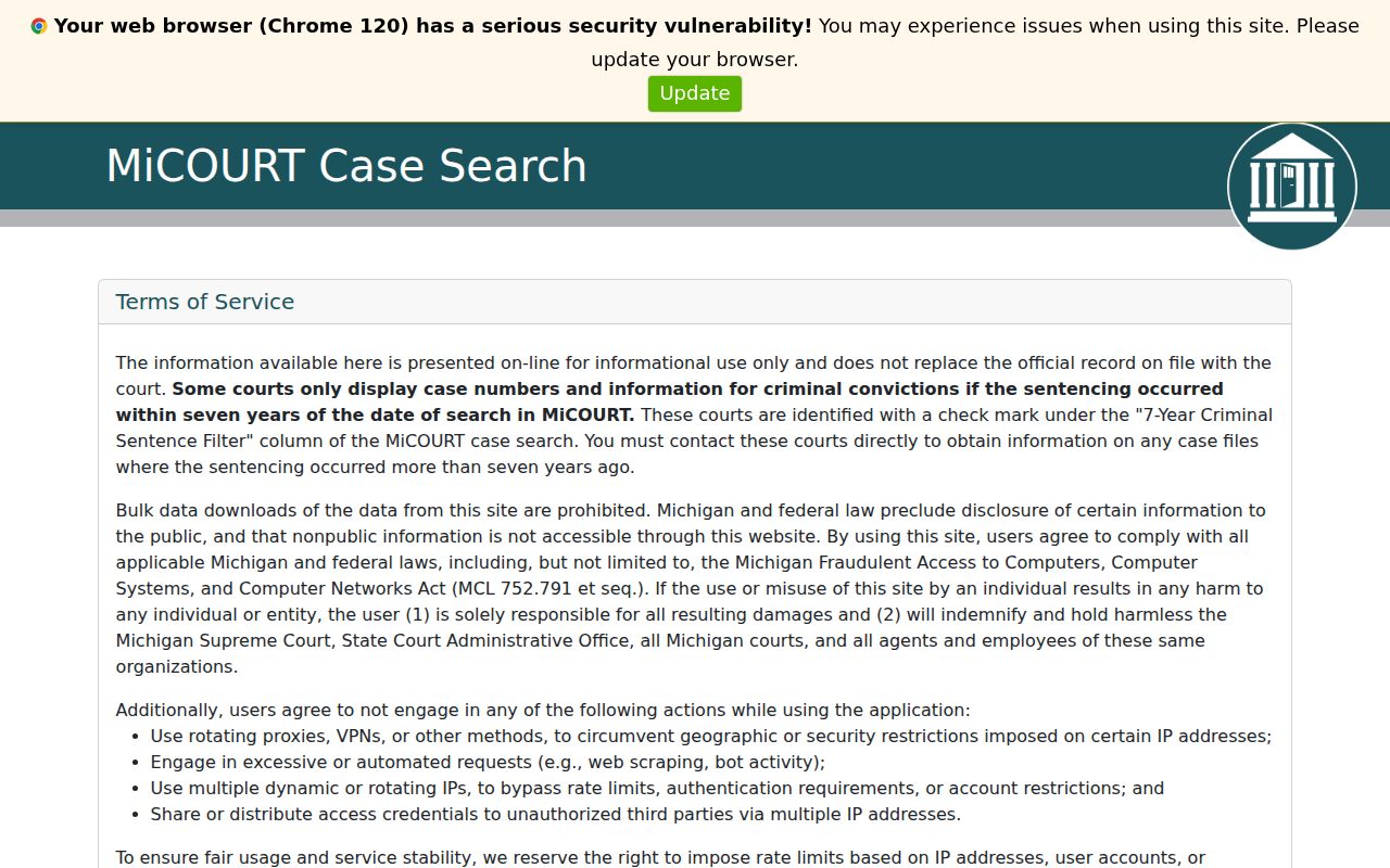 Ingham County case search court selection and public-search warning