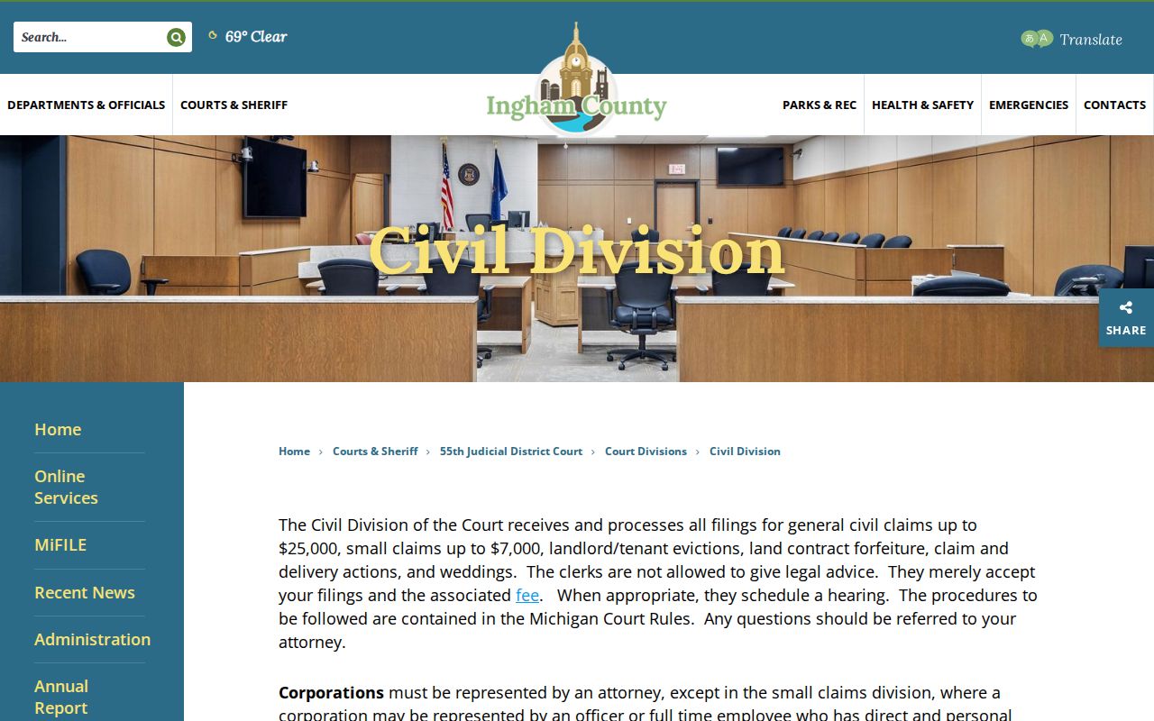Ingham County civil docket 55th District Civil Division source page