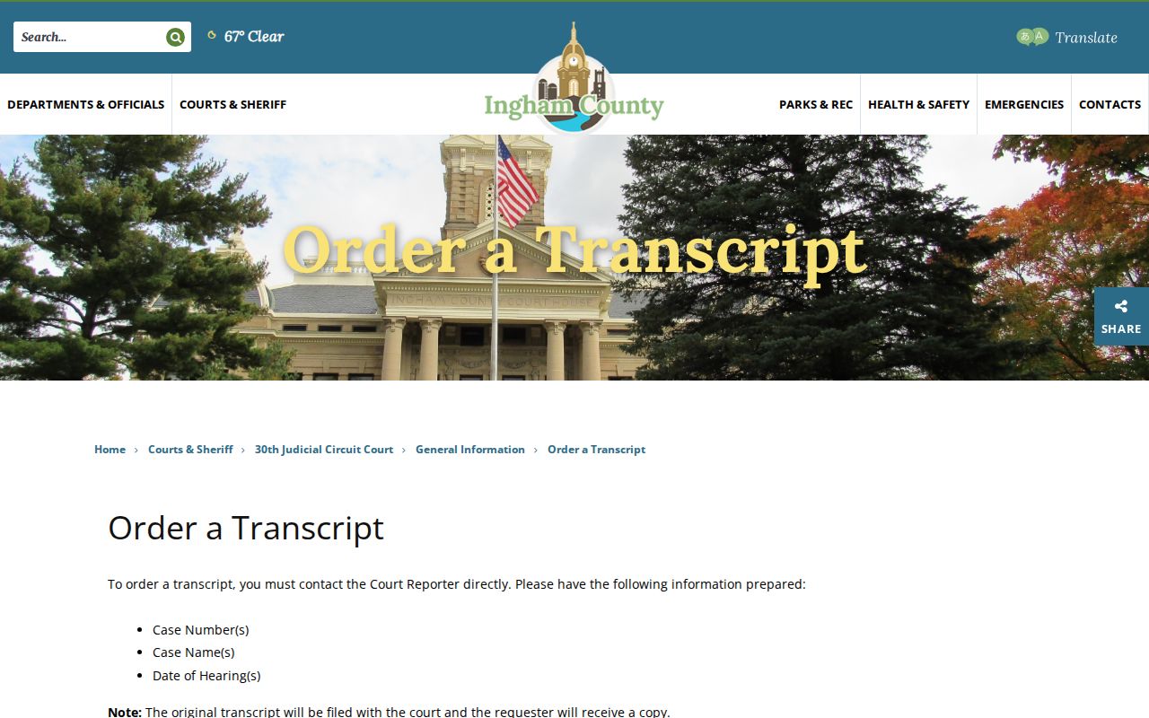 Ingham County civil docket transcript order source page