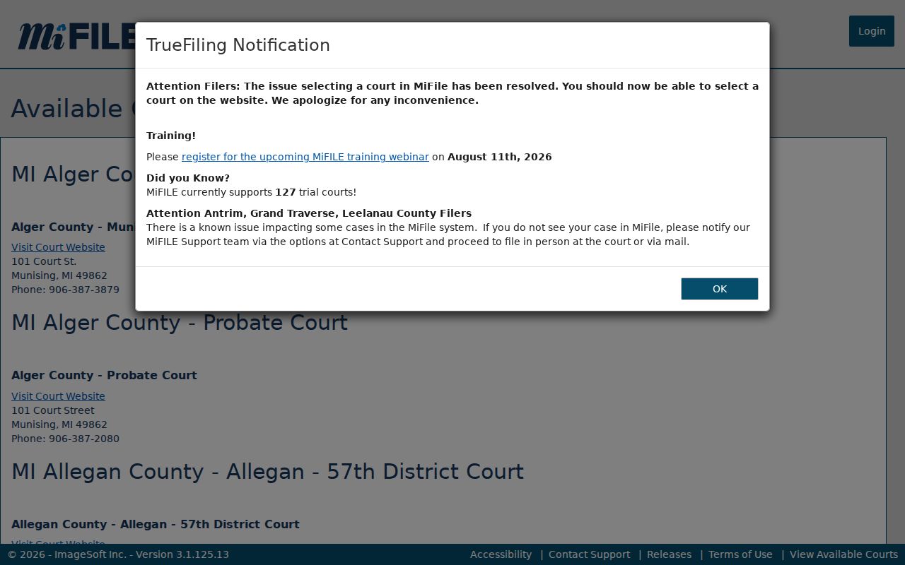 Ingham County civil docket TrueFiling court destination source page