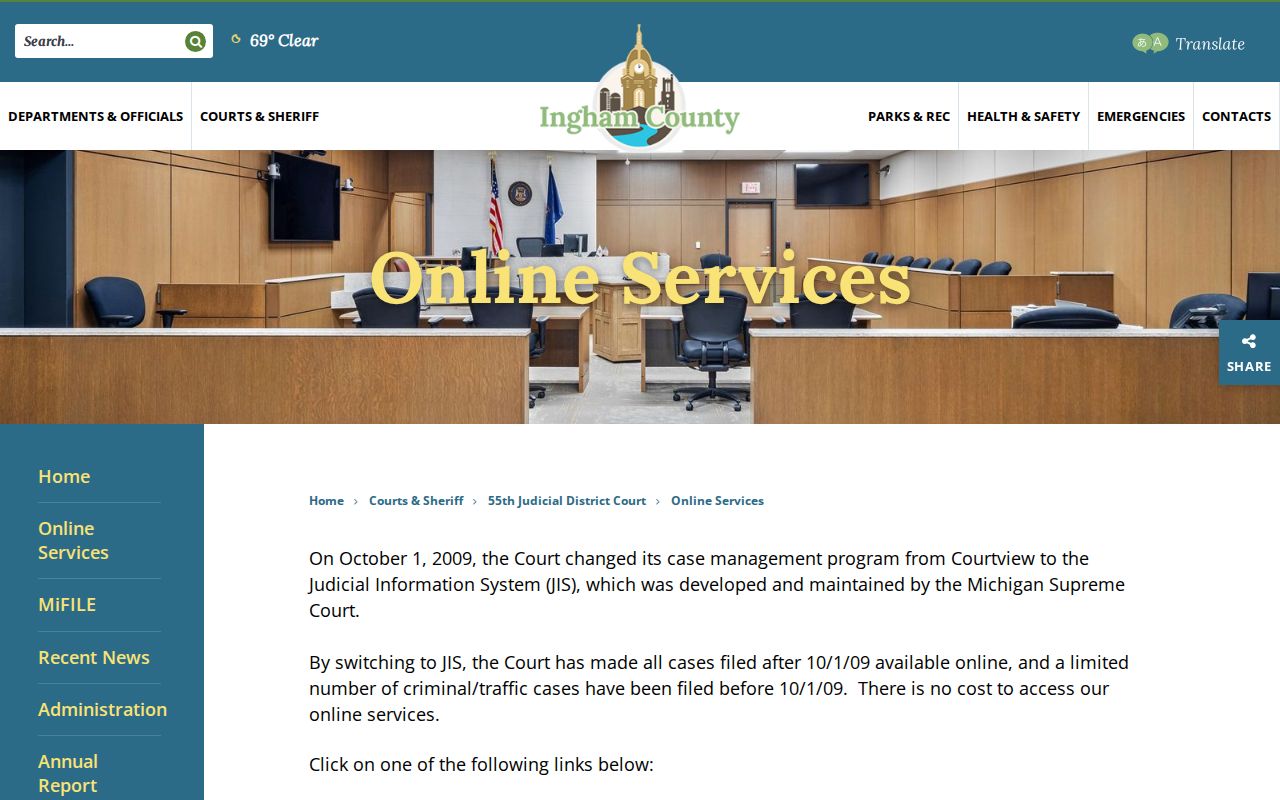 Ingham County court calendar 55th District online services source page
