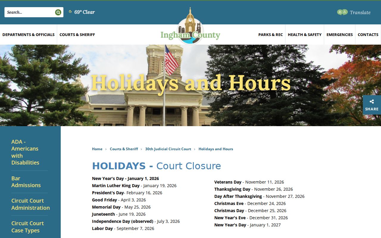 Ingham County court calendar Circuit Court hours and holidays source page
