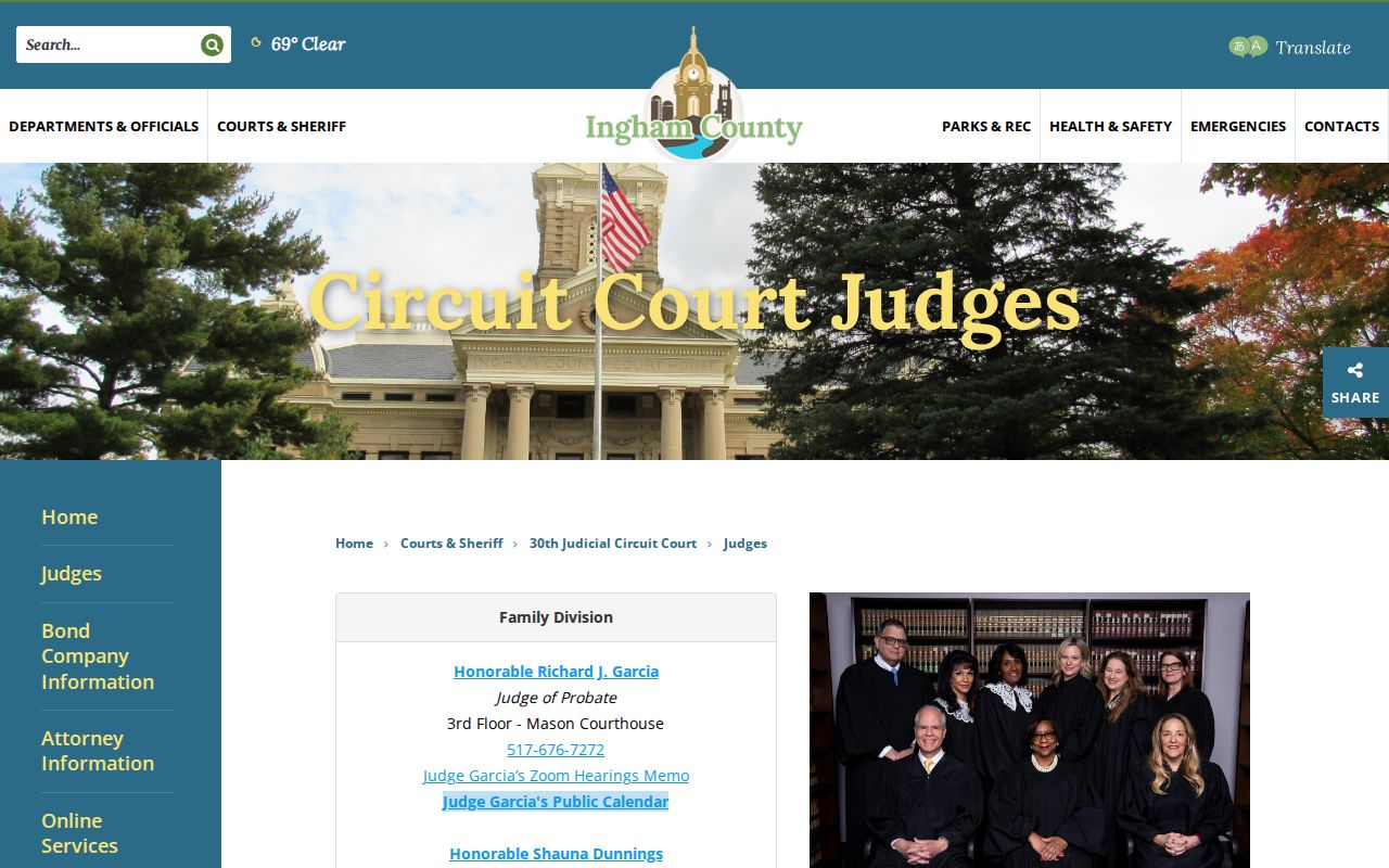Ingham County court calendar Circuit Court judges source page
