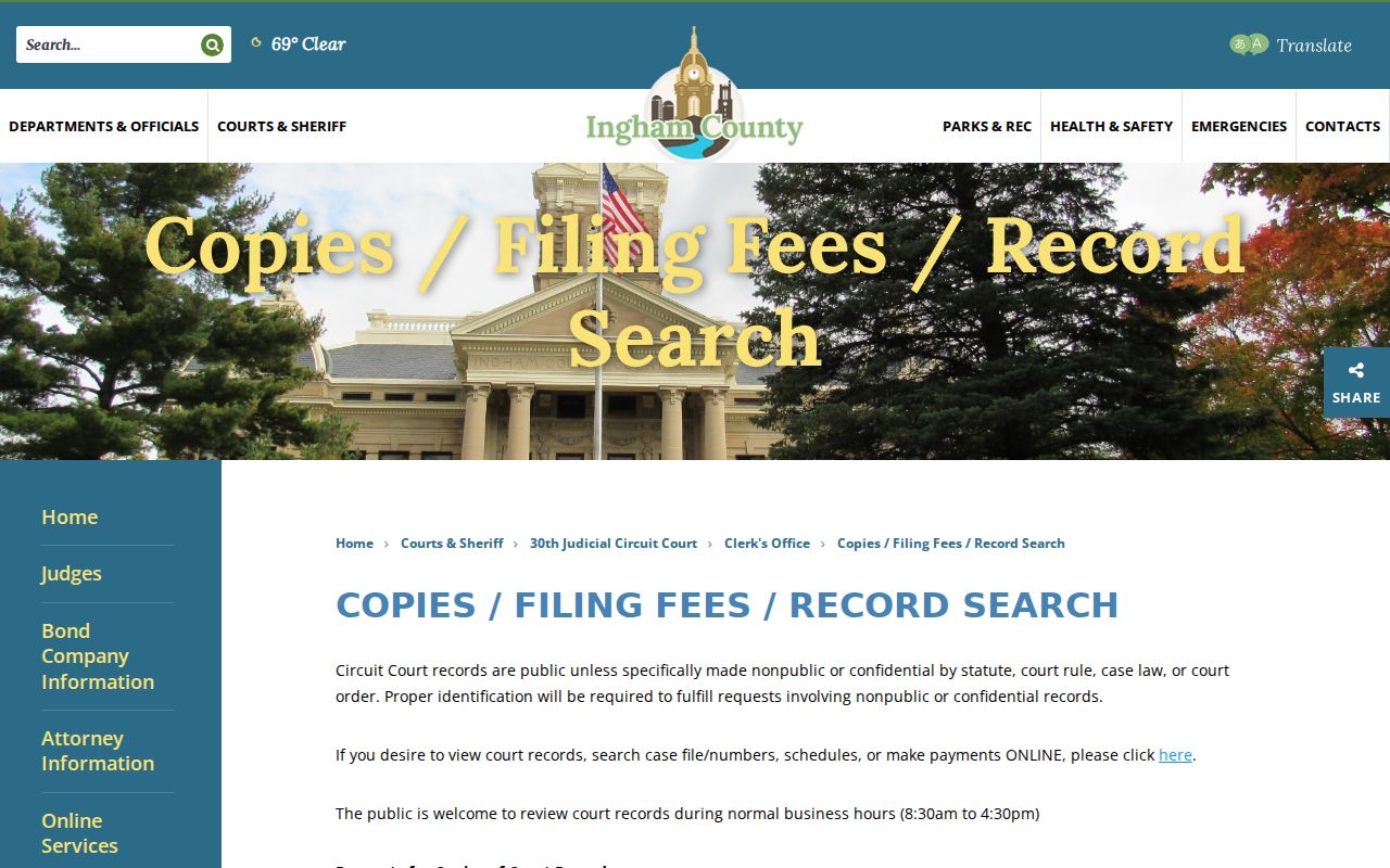 Ingham County court records certified and plain copy fee information