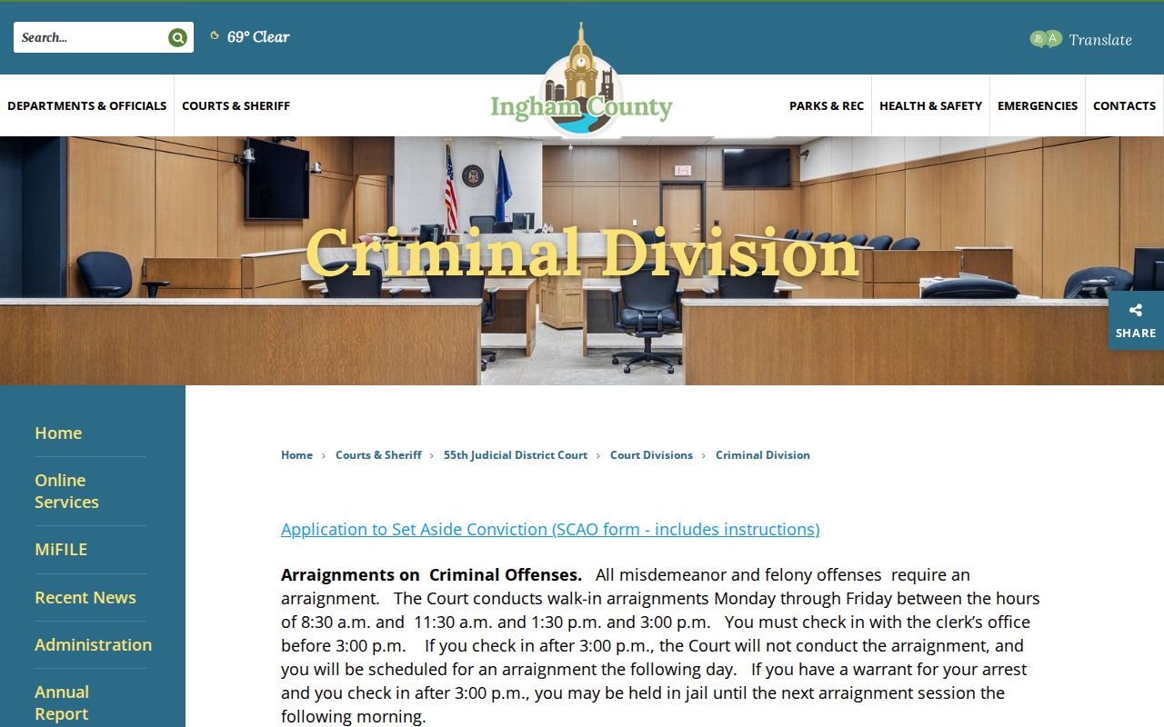 Ingham County criminal docket 55th District Criminal Division source page
