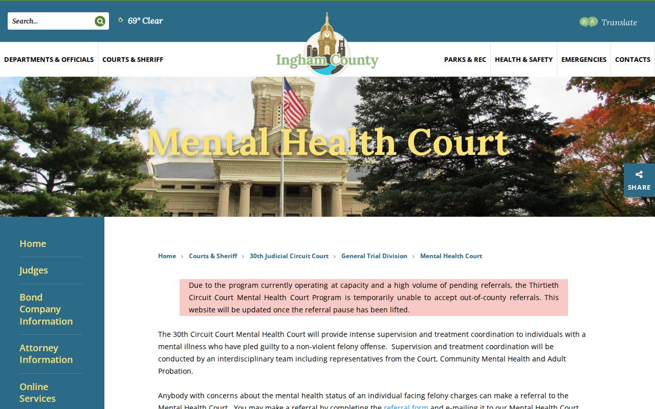 Ingham County criminal docket Mental Health Court source page