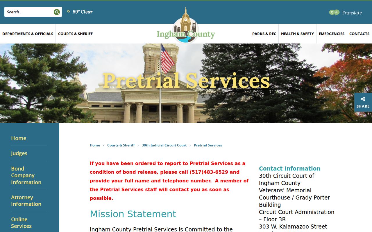Ingham County criminal docket Pretrial Services source page