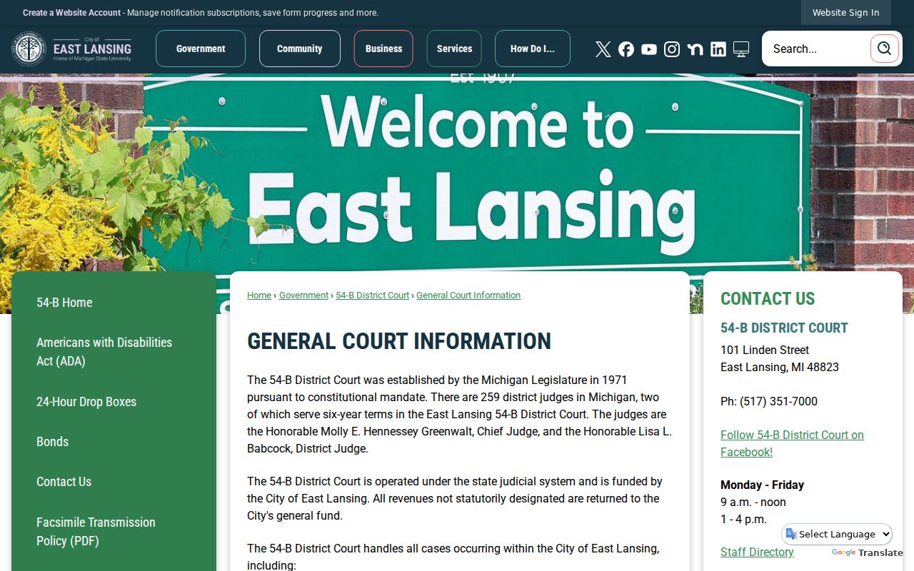 East Lansing court docket 54-B general court information page