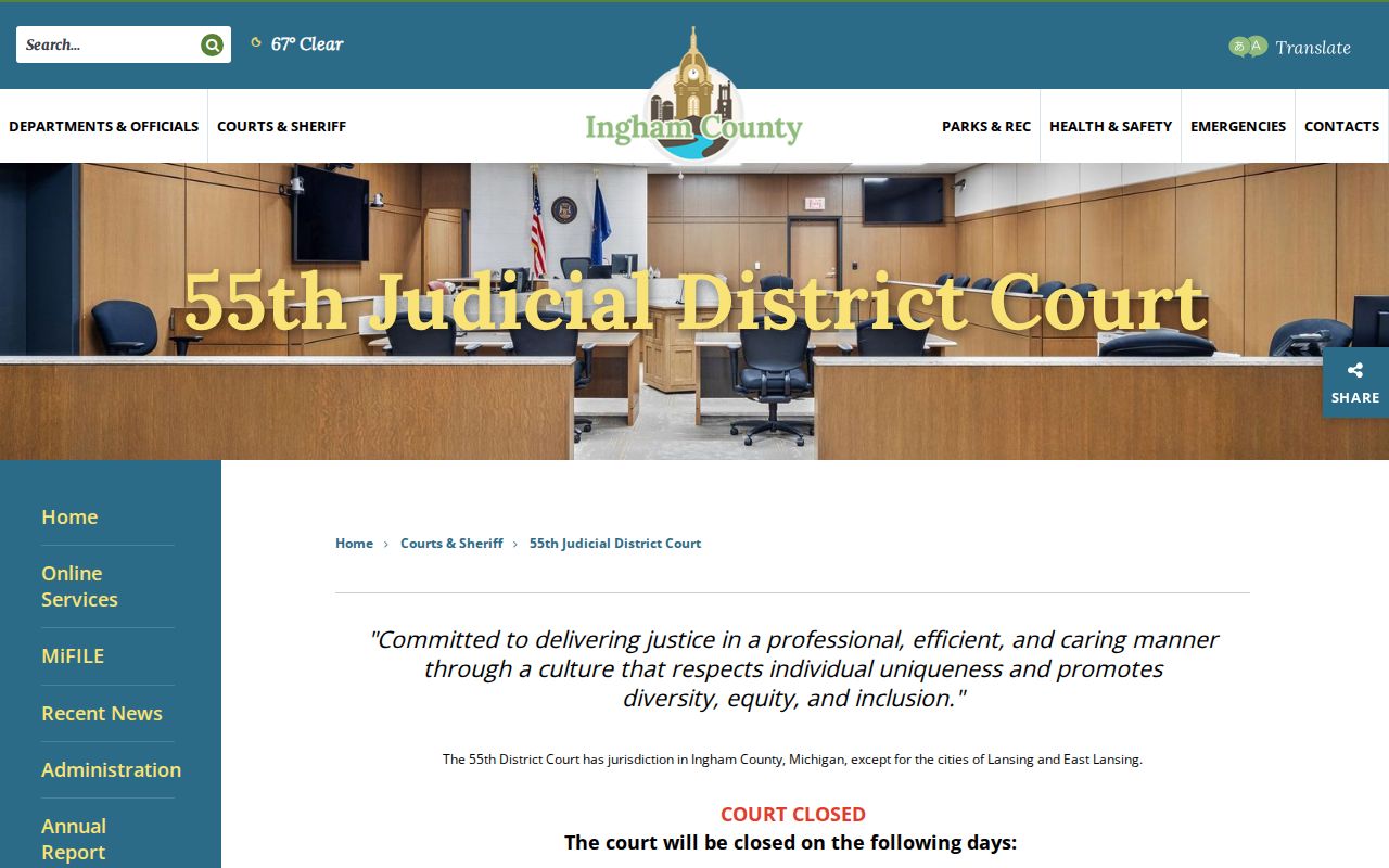 Ingham County court docket 55th District Court landing page