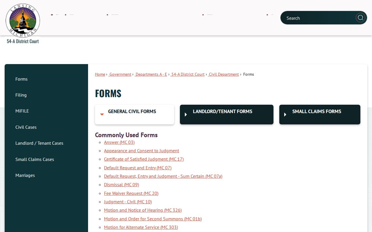Lansing court docket court forms entry page