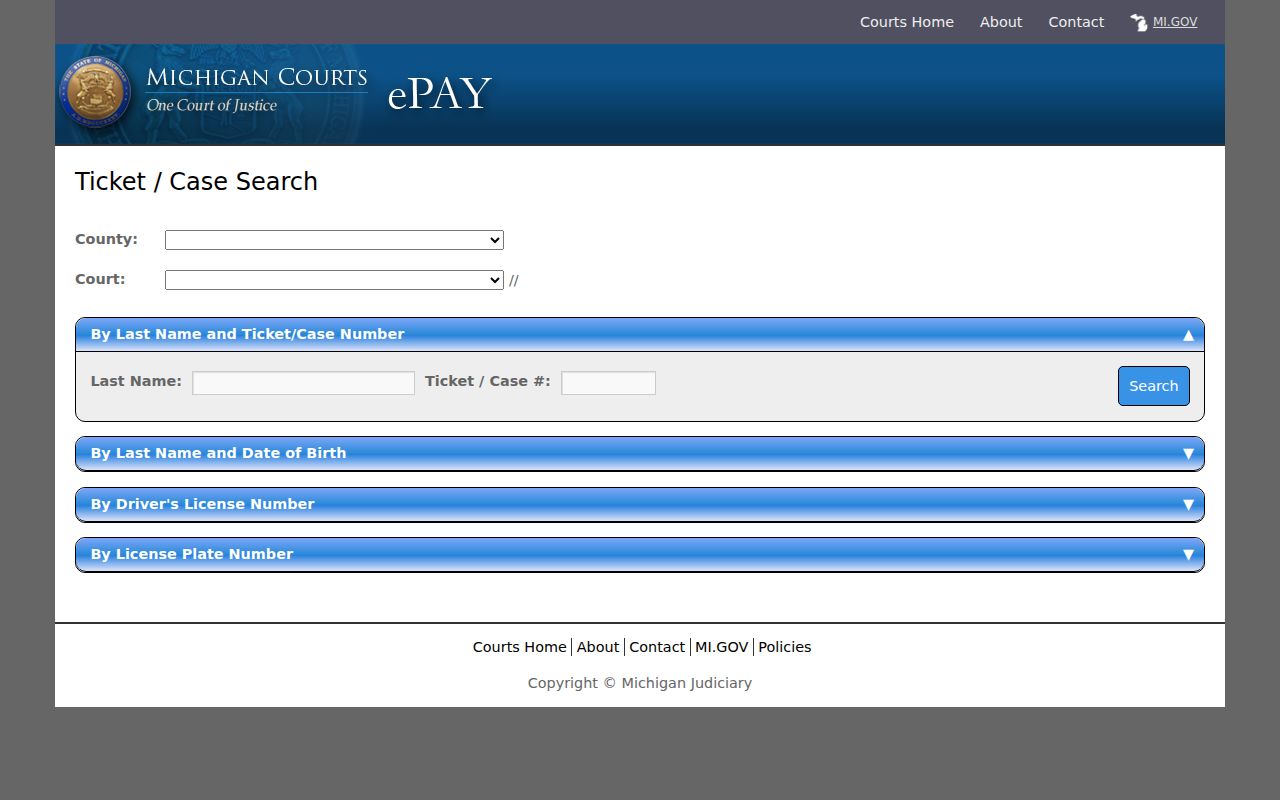 Ingham County traffic court records ePAY ticket and case search panels